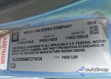 2015 Chevrolet Spark 1Lt Cvt from USA, damaged, VIN KL8CD6S96FC718104